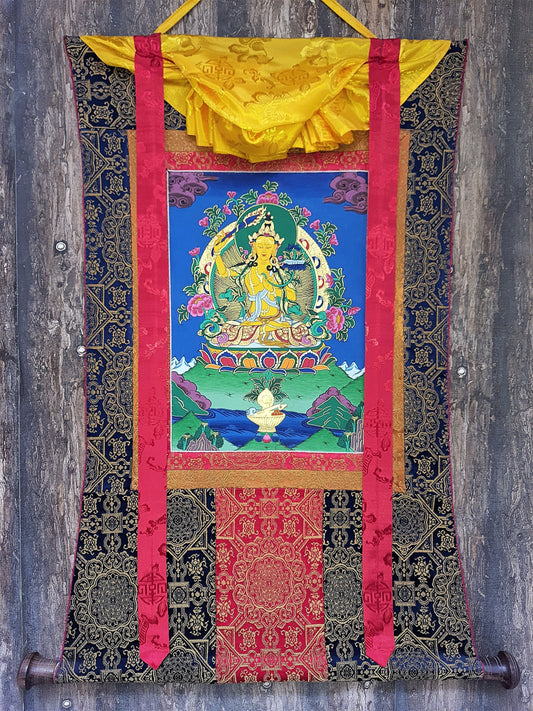 Hand-Painted Manjushri Thangka Painting, God of Wisdom - Tibetan Art, Silk Framed