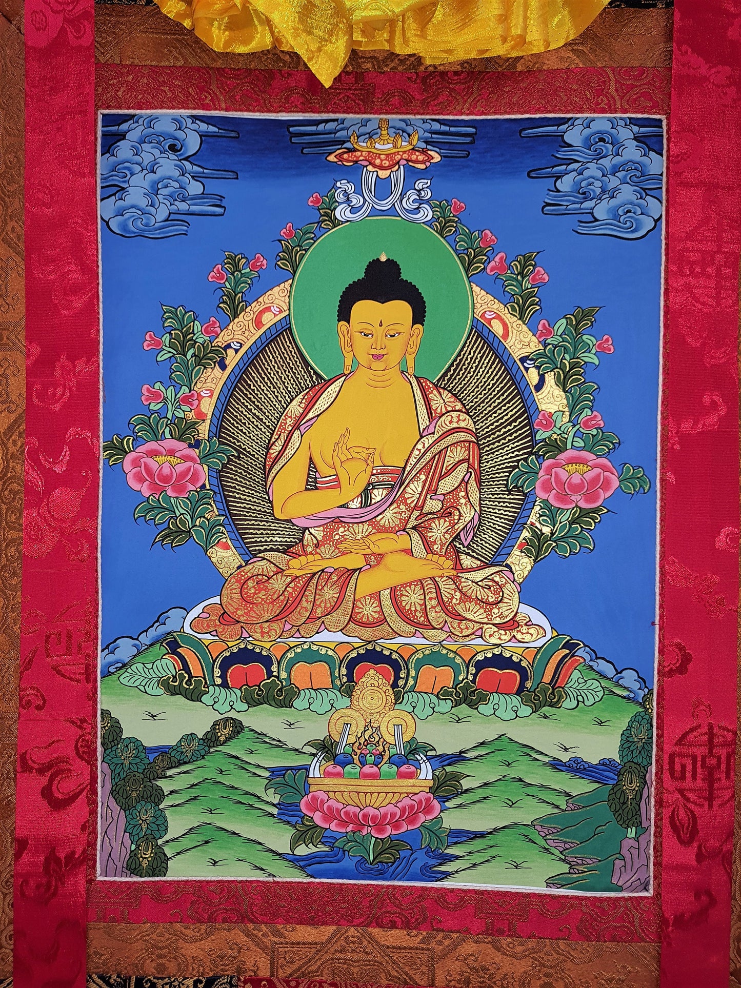Amoghasiddhi Buddha Thangka Painting, Original Tibetan Silk Framed Art