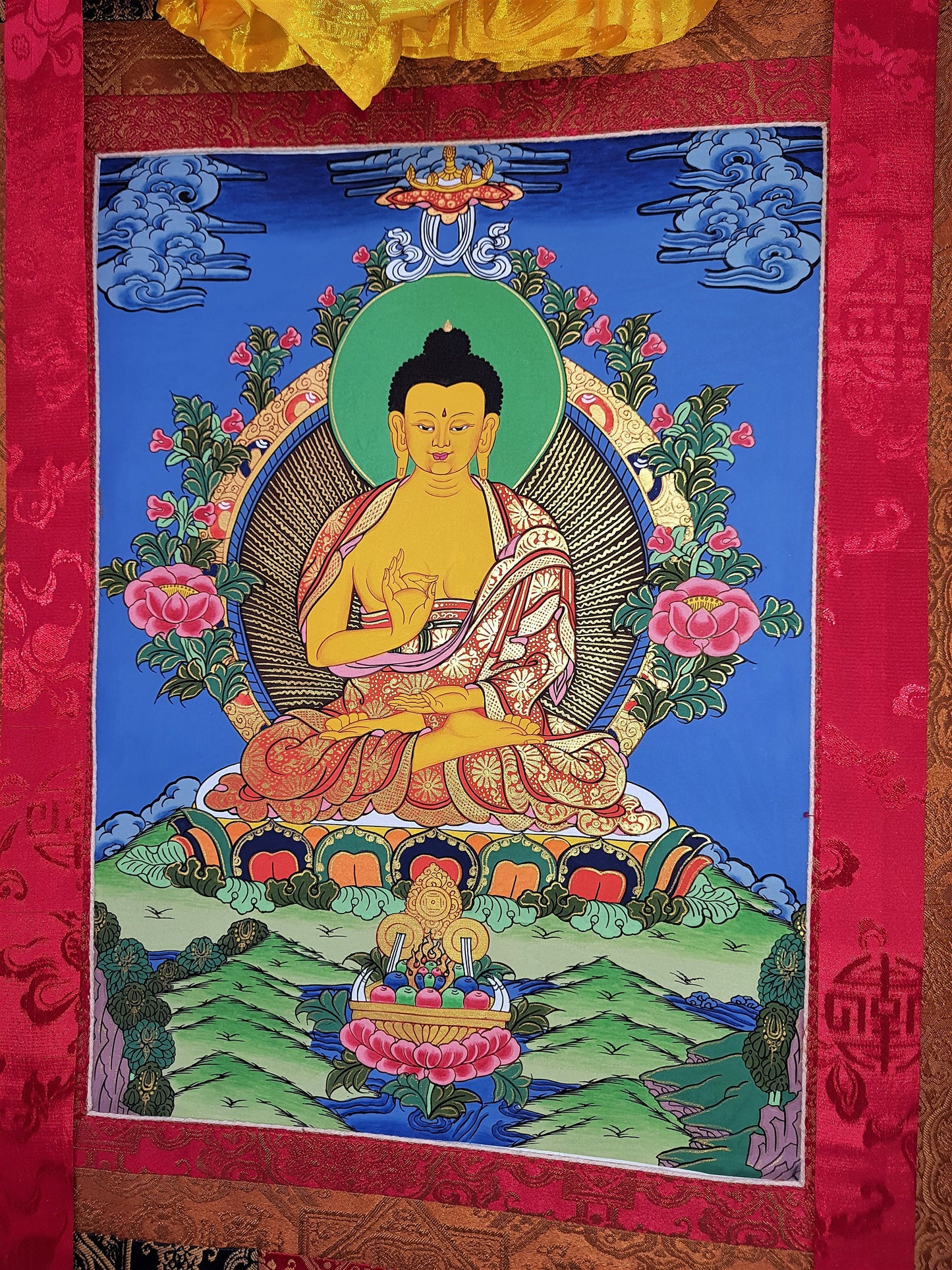 Amoghasiddhi Buddha Thangka Painting, Original Tibetan Silk Framed Art