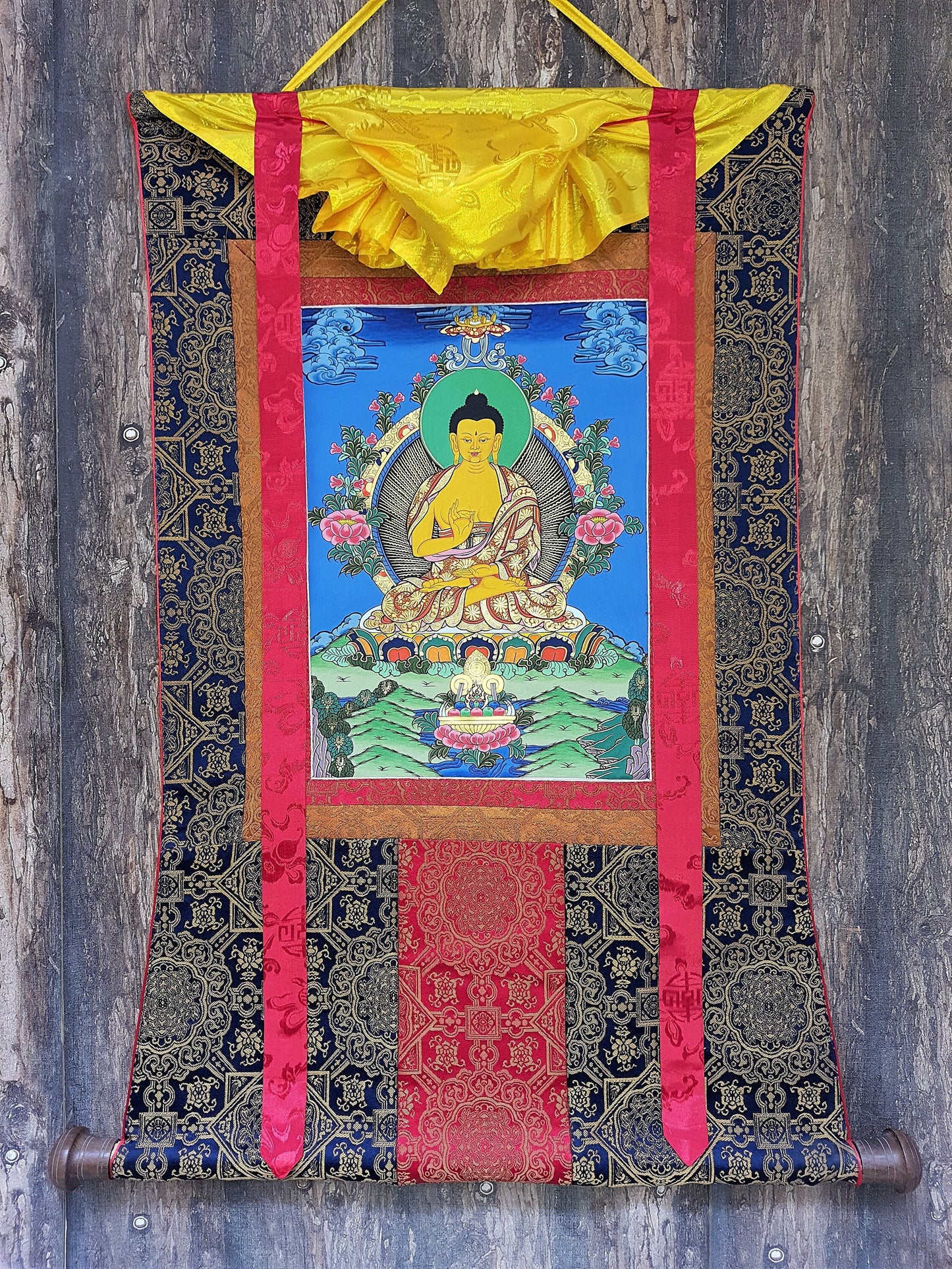 Amoghasiddhi Buddha Thangka Painting, Original Tibetan Silk Framed Art