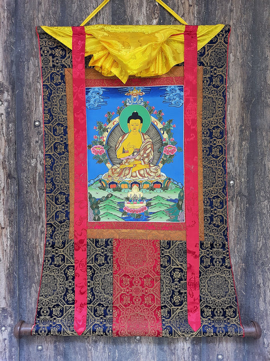 Amoghasiddhi Buddha Thangka Painting, Original Tibetan Silk Framed Art