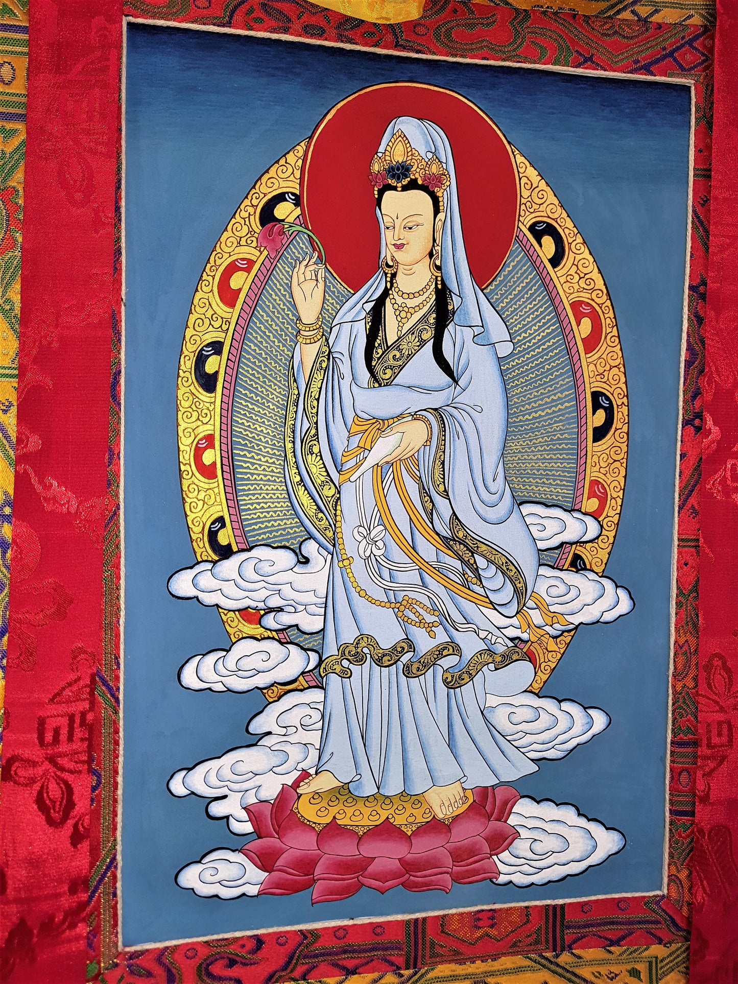 Hand-painted Guan Yin Thangka Painting with Silk Brocade