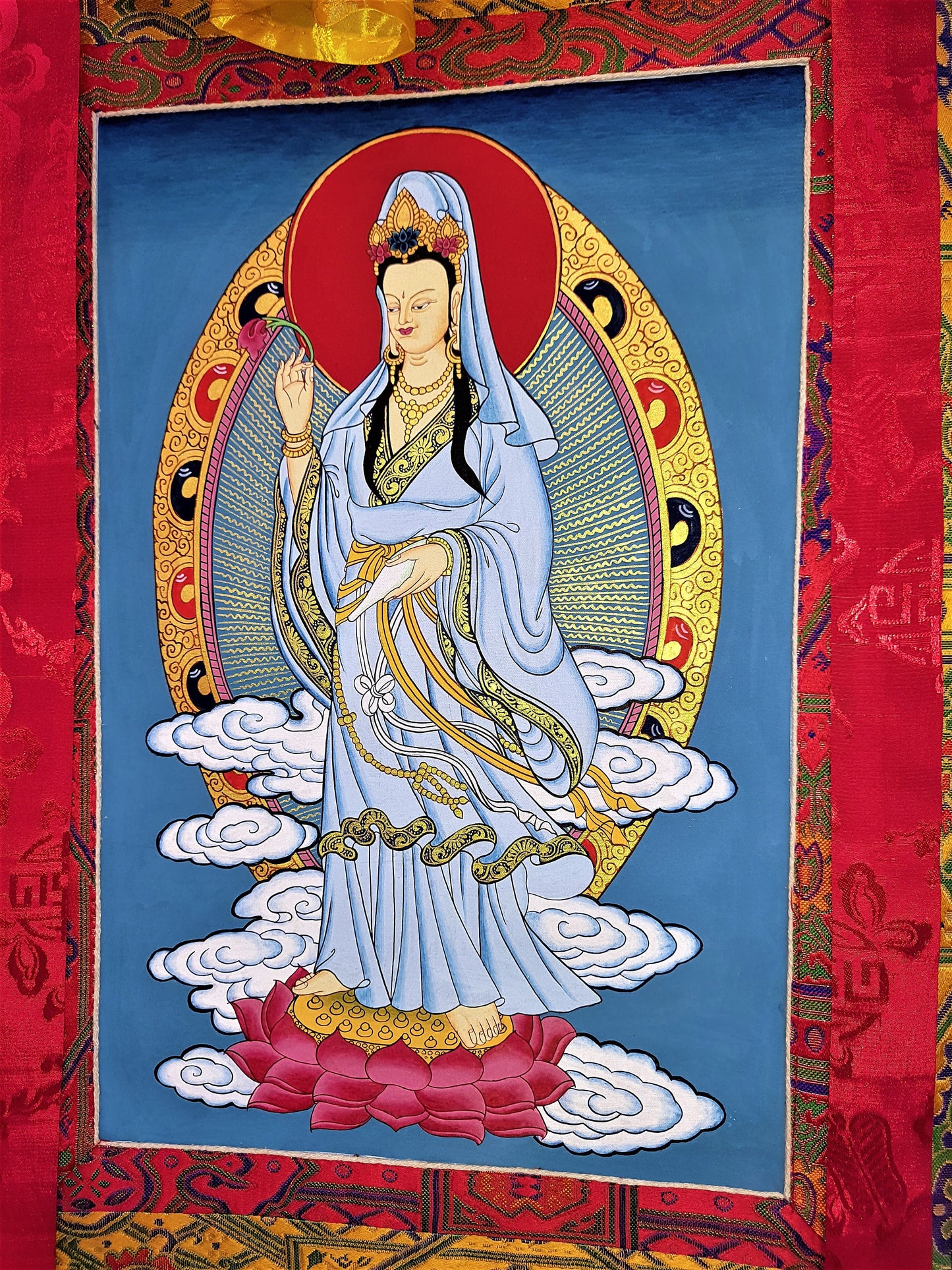 Hand-painted Guan Yin Thangka Painting with Silk Brocade
