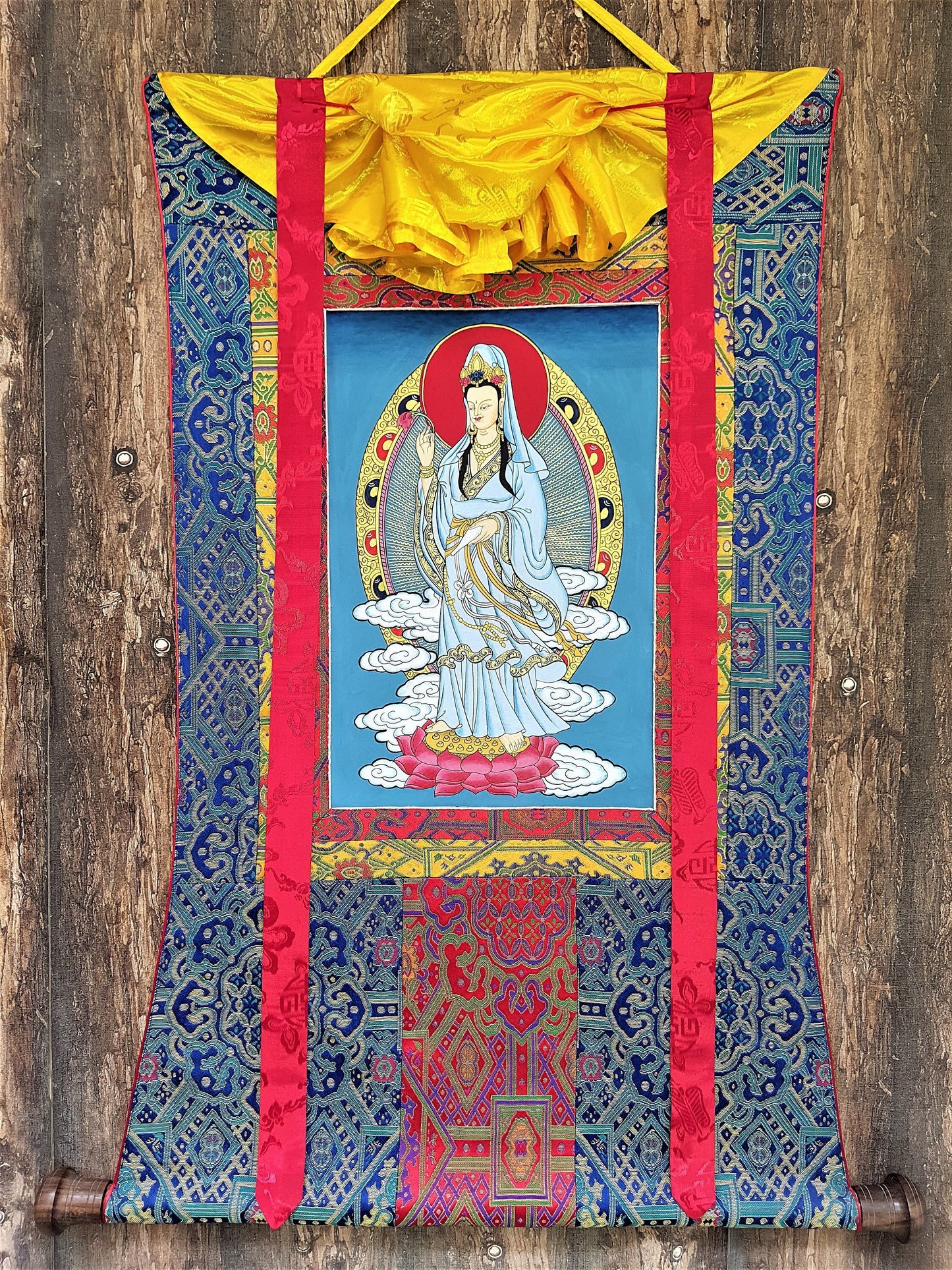 Hand-painted Guan Yin Thangka Painting with Silk Brocade