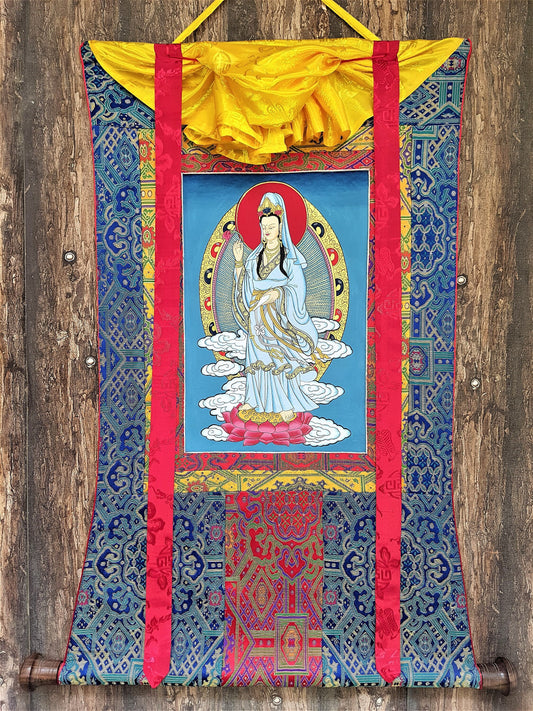 Hand-painted Guan Yin Thangka Painting with Silk Brocade