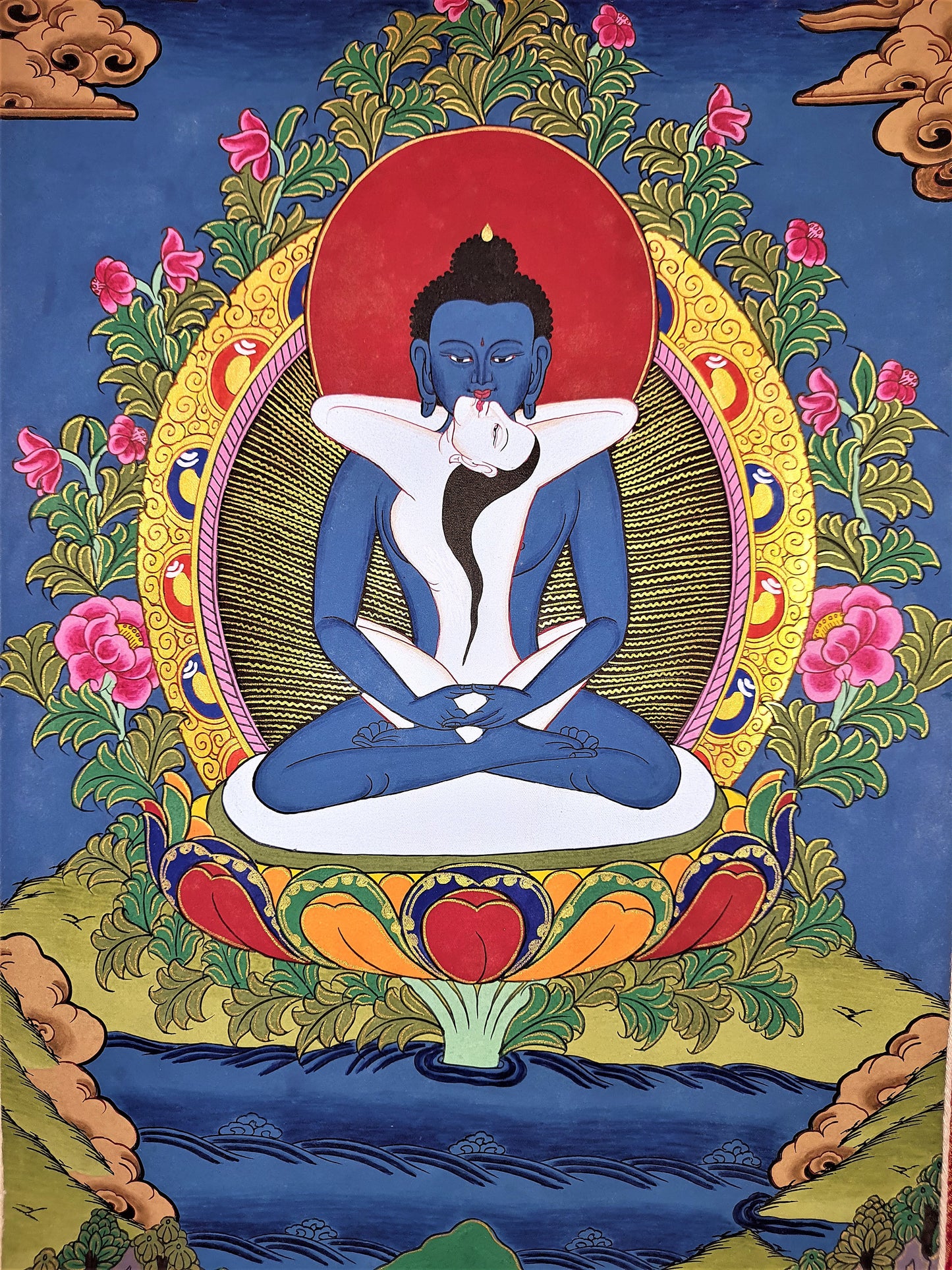 Hand-Painted Samantabhadra Thangka – Silk Framed Tibetan Wall Hanging