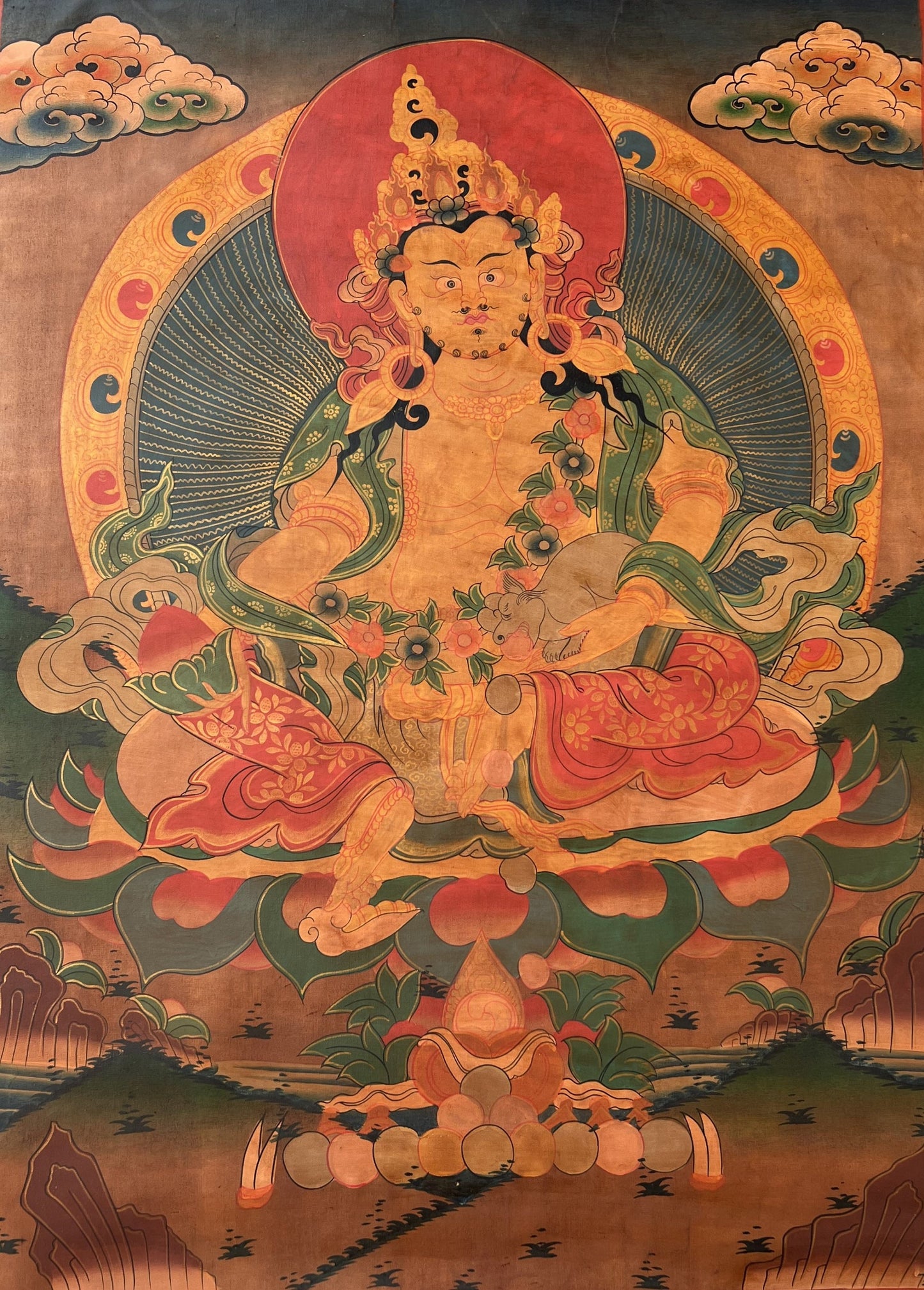 Hand-Painted Kubera Thangka, Tibetan God of Wealth Painting, OIL- VARNISHED
