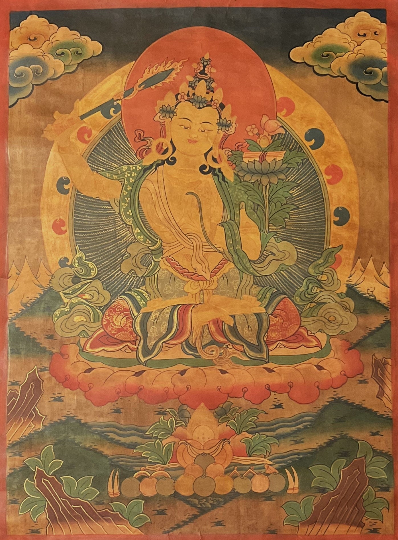 Hand-Painted Manjushri Thangka – God of Wisdom, Oil-Varnished