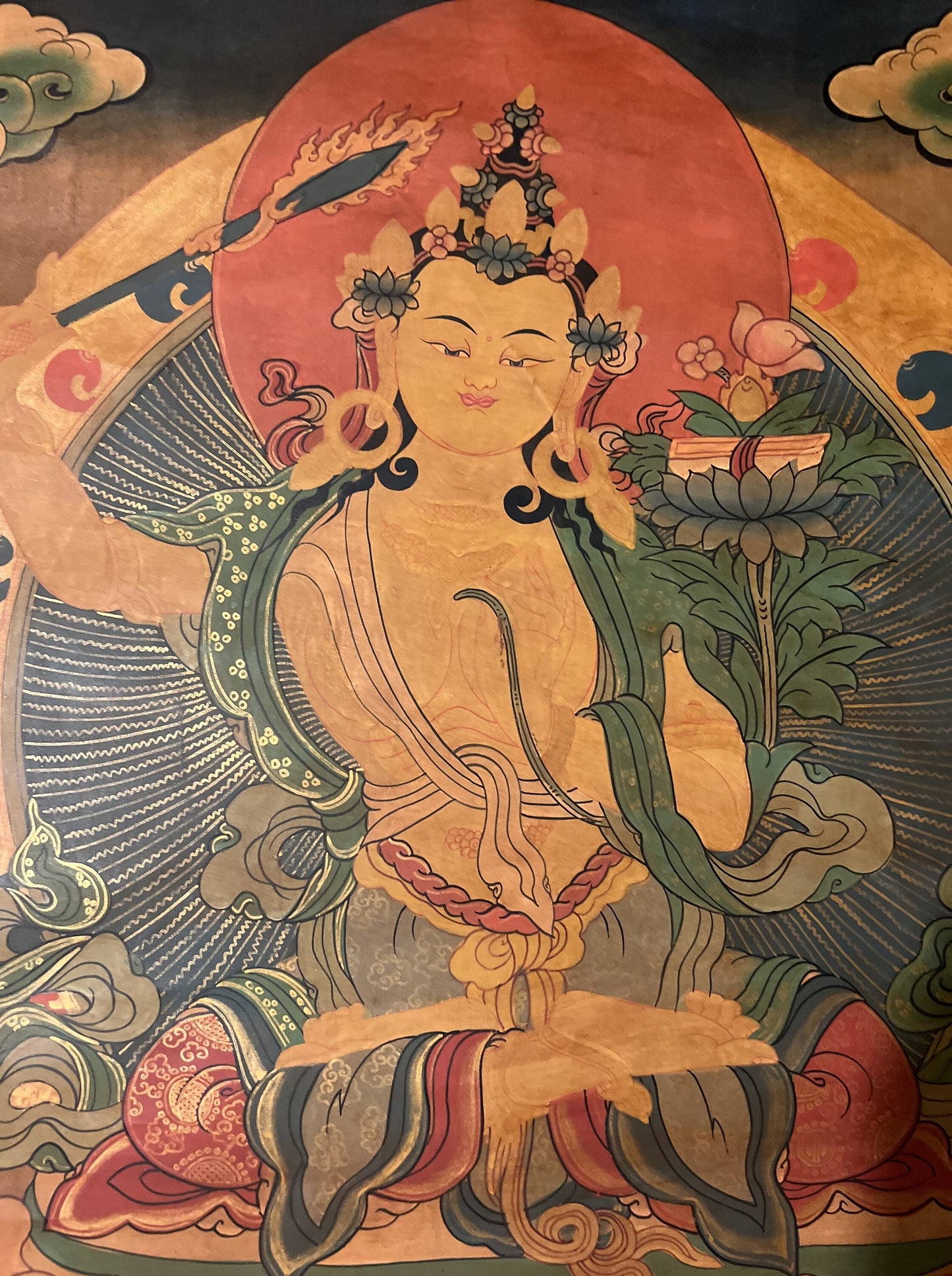 Hand-Painted Manjushri Thangka – God of Wisdom, Oil-Varnished