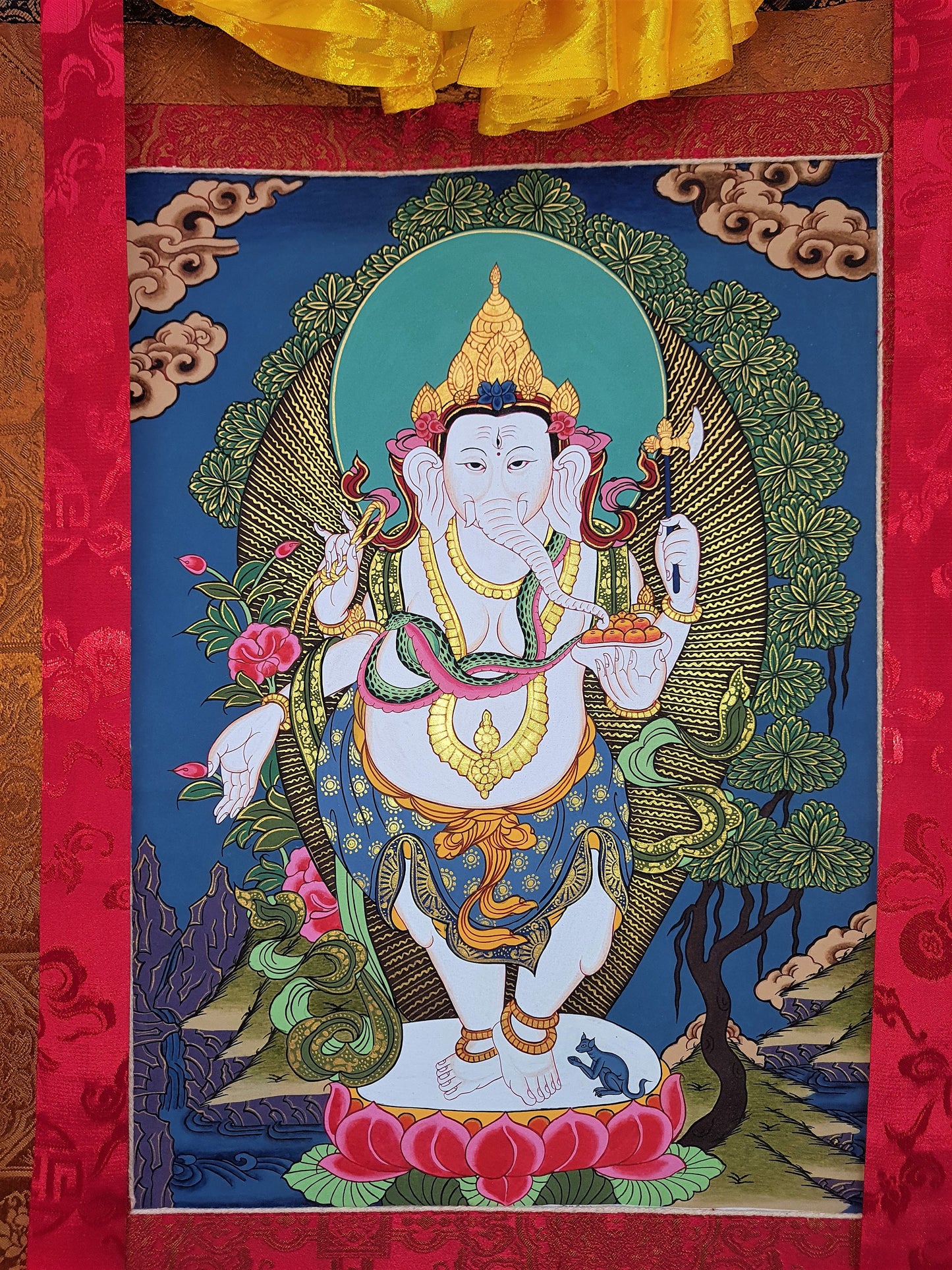 Hand-Painted Four Armed Ganesha Thanka Painting with Silk Brocade