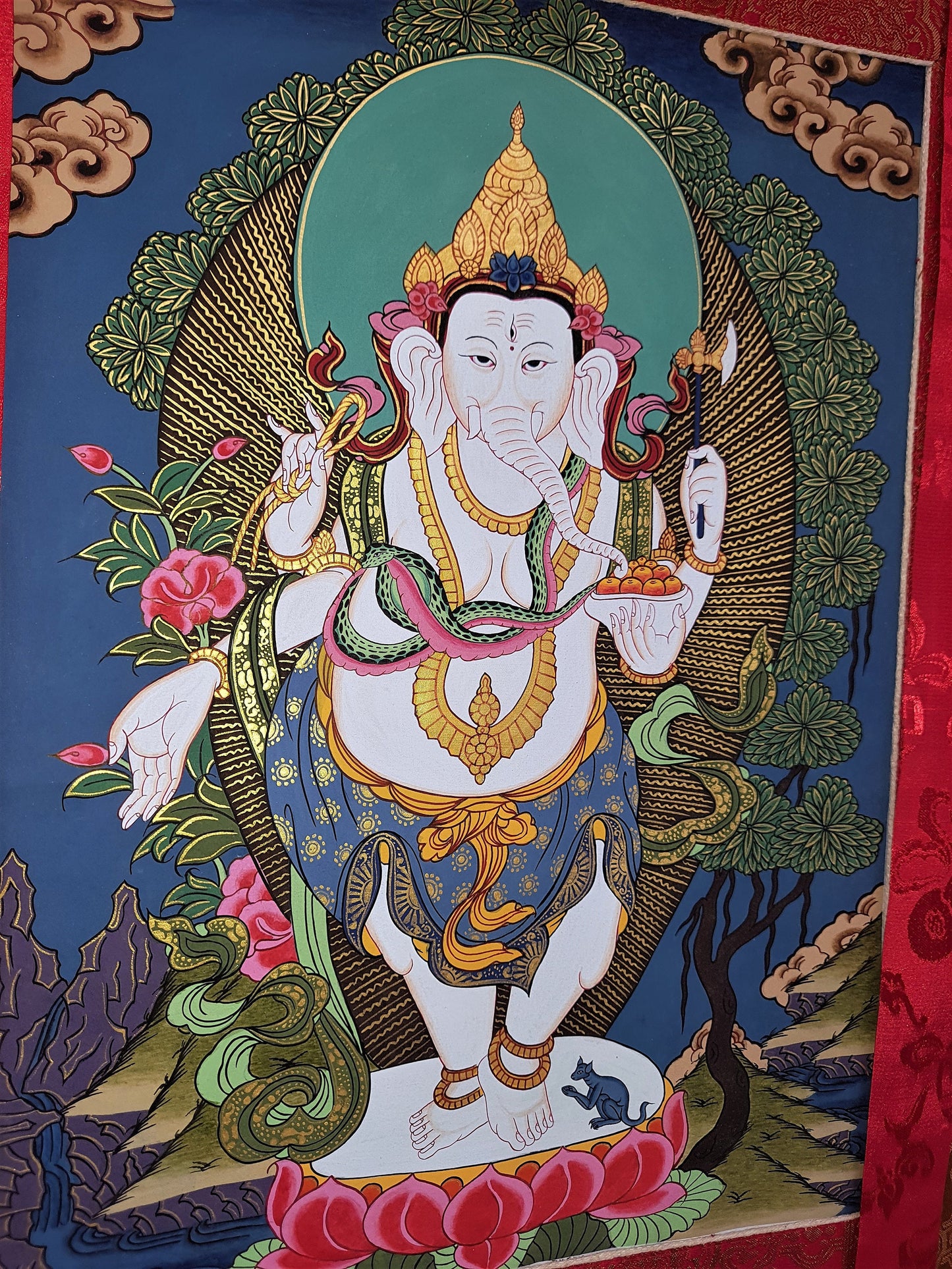 Hand-Painted Four Armed Ganesha Thanka Painting with Silk Brocade