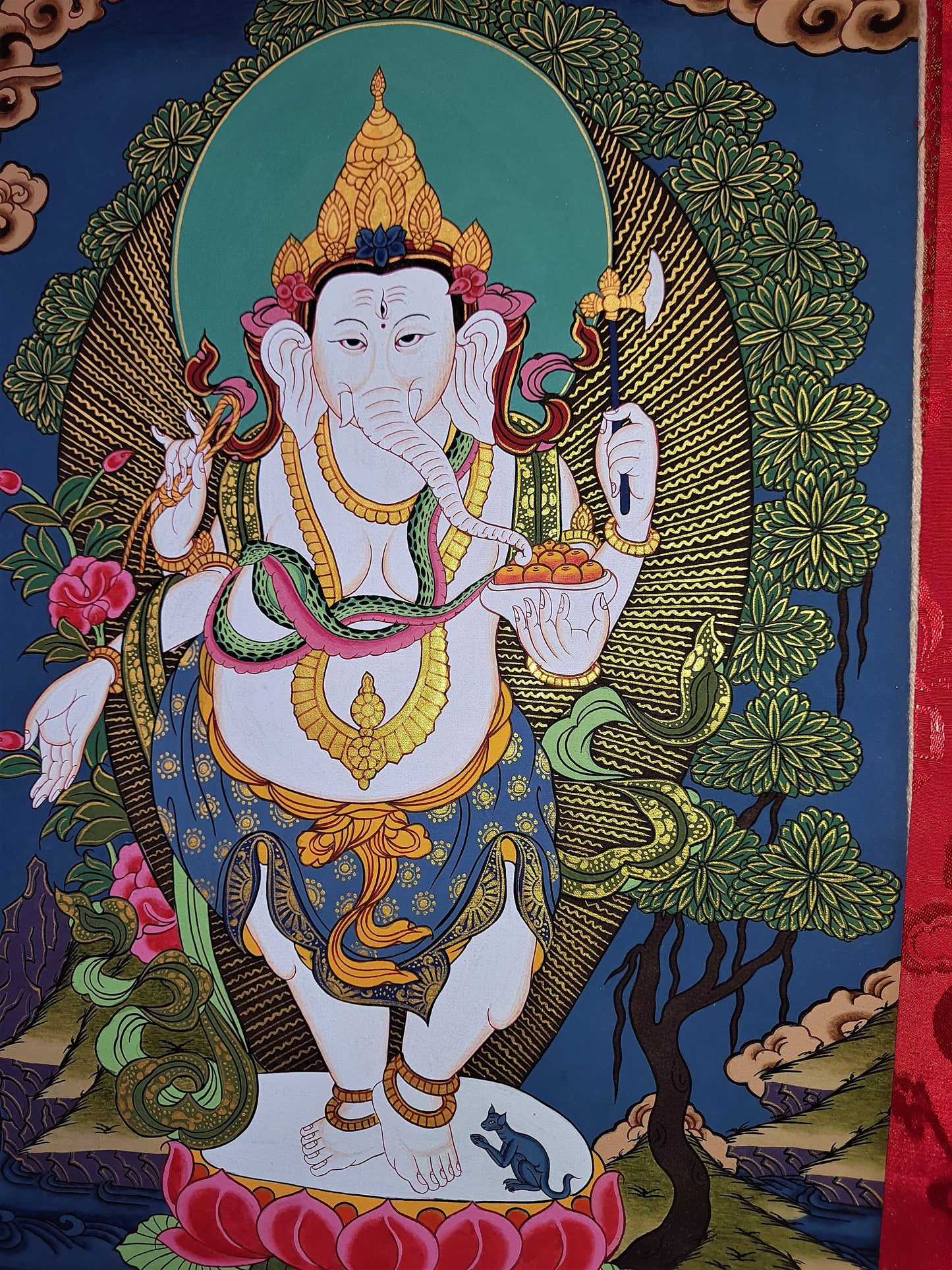 Hand-Painted Four Armed Ganesha Thanka Painting with Silk Brocade