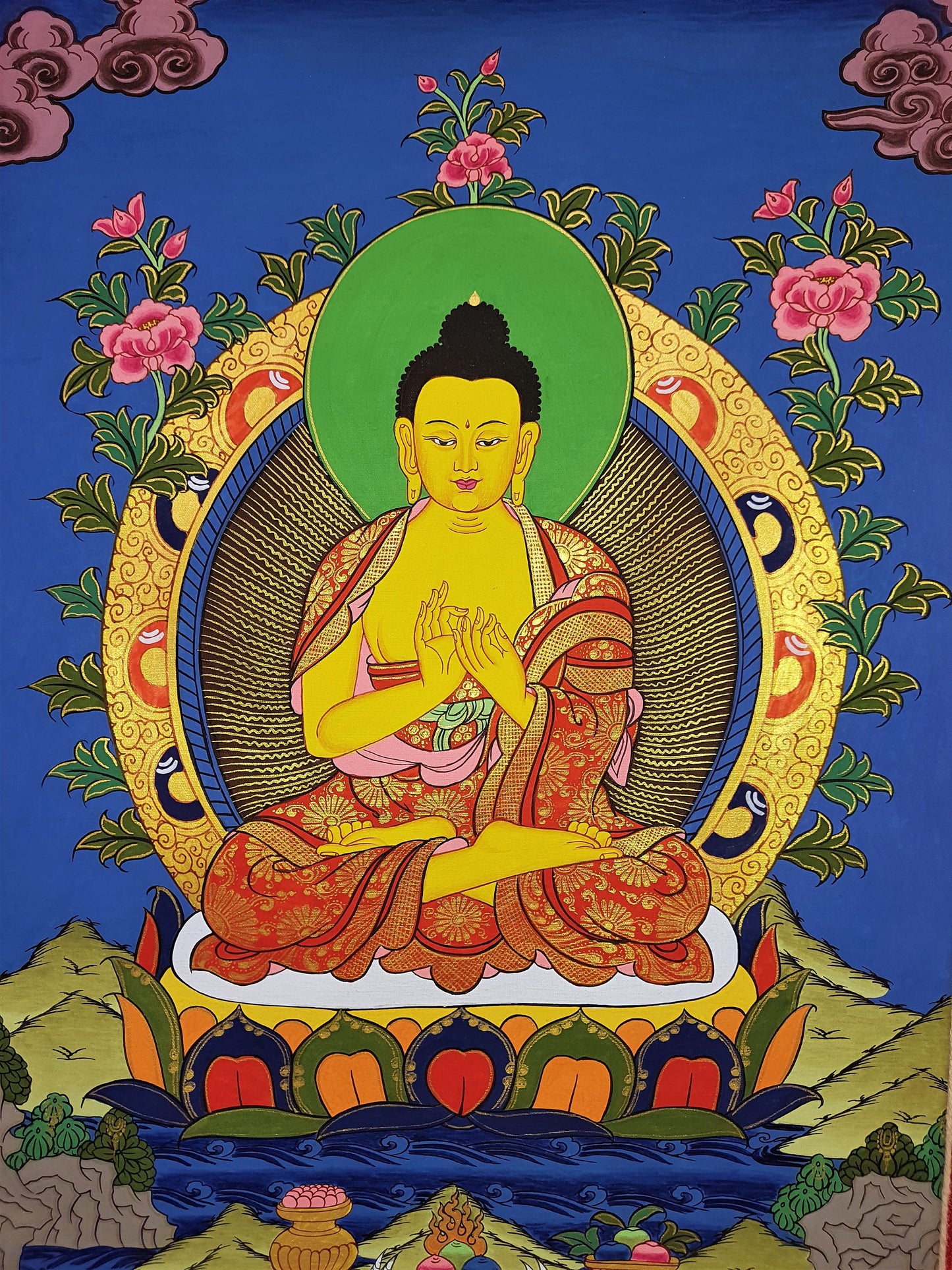 Hand-Painted Vairochana Thangka Painting with Silk Frame