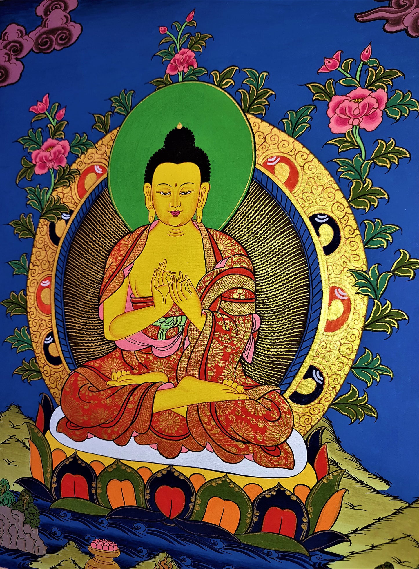 Hand-Painted Vairochana Thangka Painting with Silk Frame