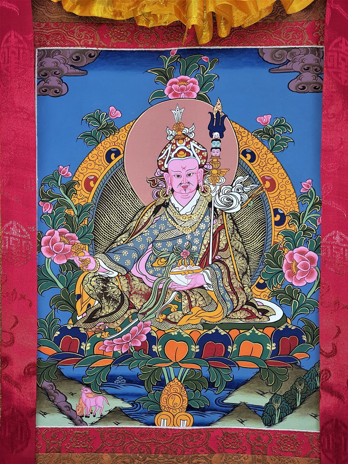 Guru Rinpoche Thangka Painting, Gold Tibetan Art with Silk Frame