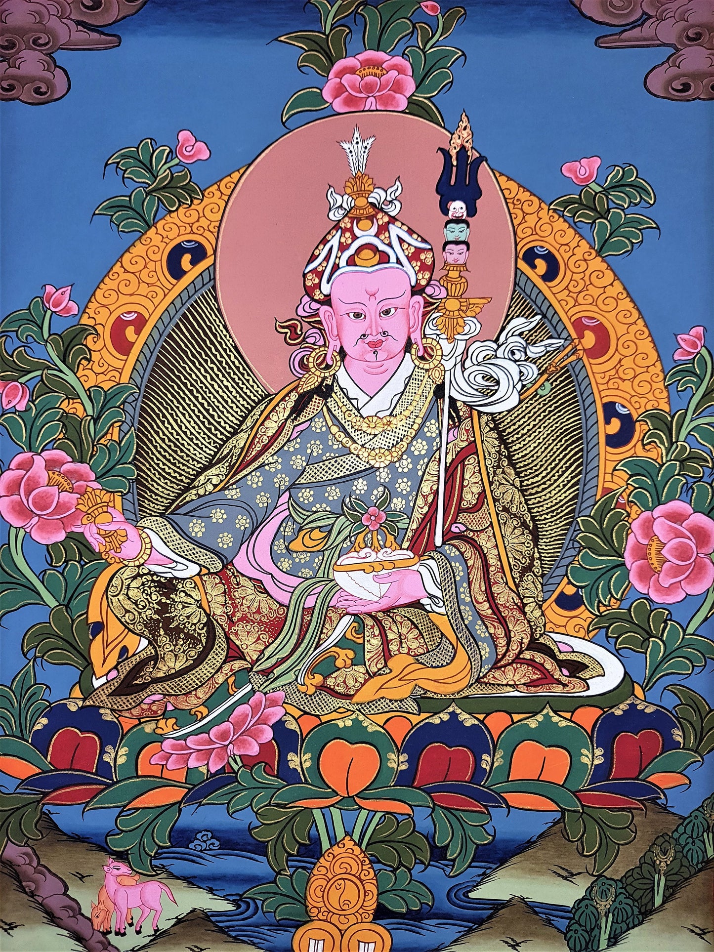Guru Rinpoche Thangka Painting, Gold Tibetan Art with Silk Frame