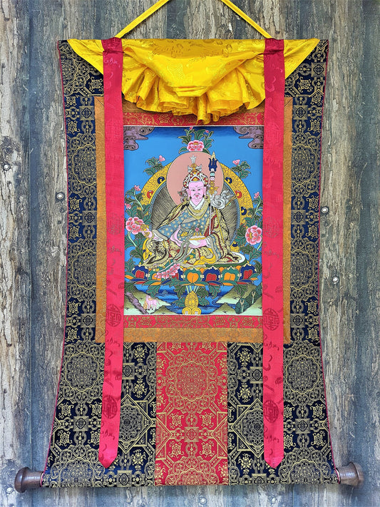 Guru Rinpoche Thangka Painting, Gold Tibetan Art with Silk Frame