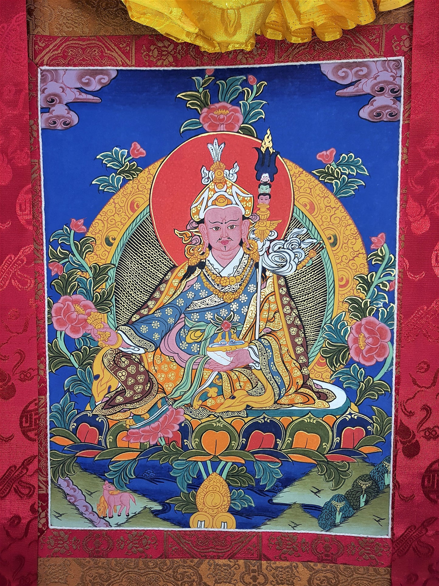 Hand-Painted Guru Rinpoche Thangka Painting with Silk Brocade