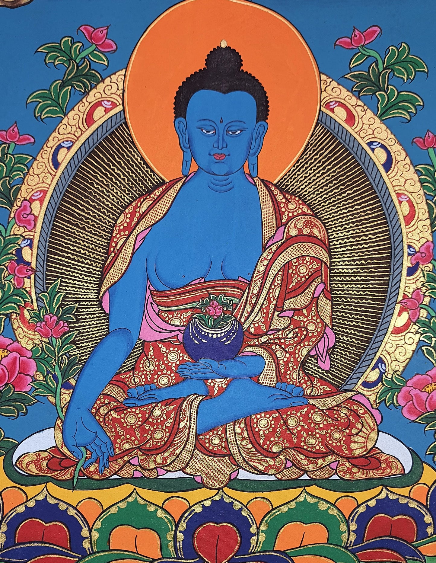 Hand-Painted Medicine Buddha Thangka Painting with Silk Border
