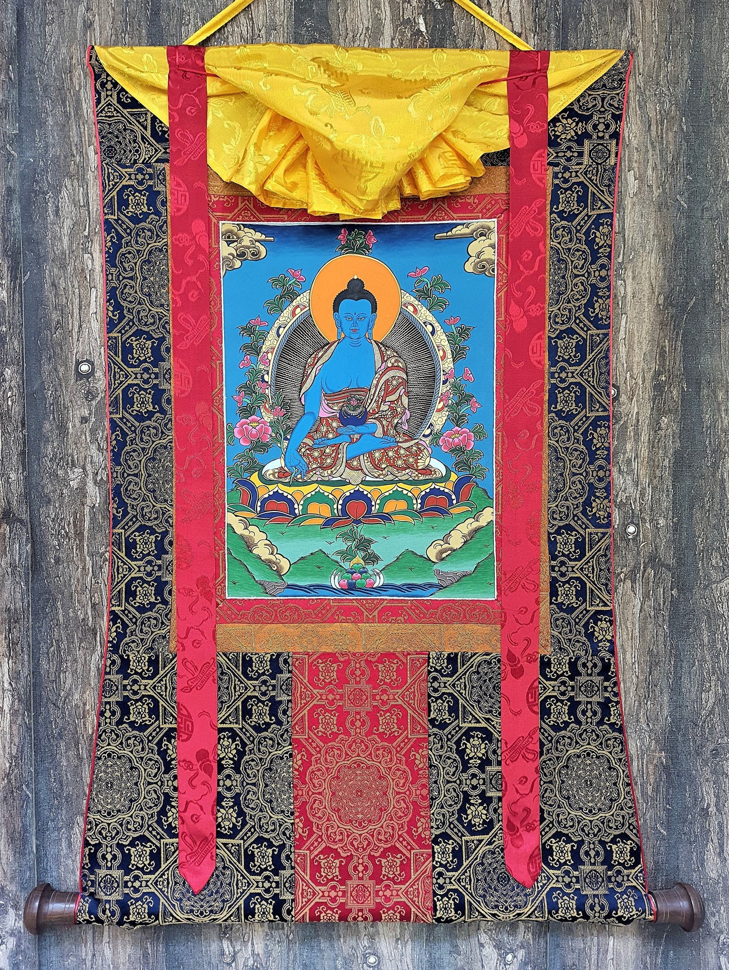 Hand-Painted Medicine Buddha Thangka Painting with Silk Border