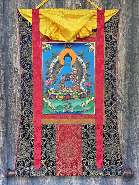Hand-Painted Medicine Buddha Thangka Painting with Silk Border