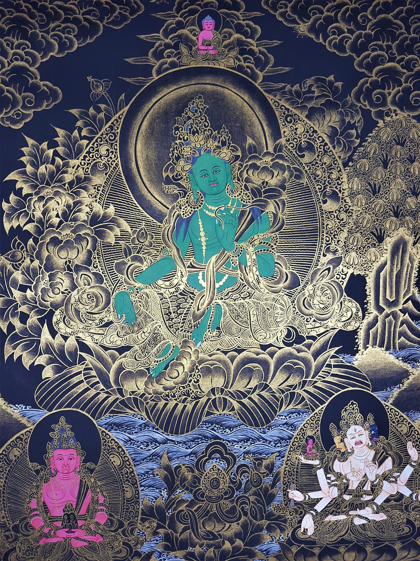Green Tara Thangka Painting, 24K Gold, Buddhist Wall Hanging