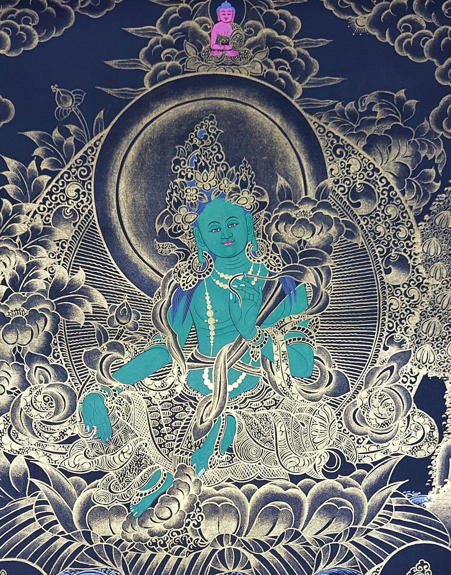 Green Tara Thangka Painting, 24K Gold, Buddhist Wall Hanging