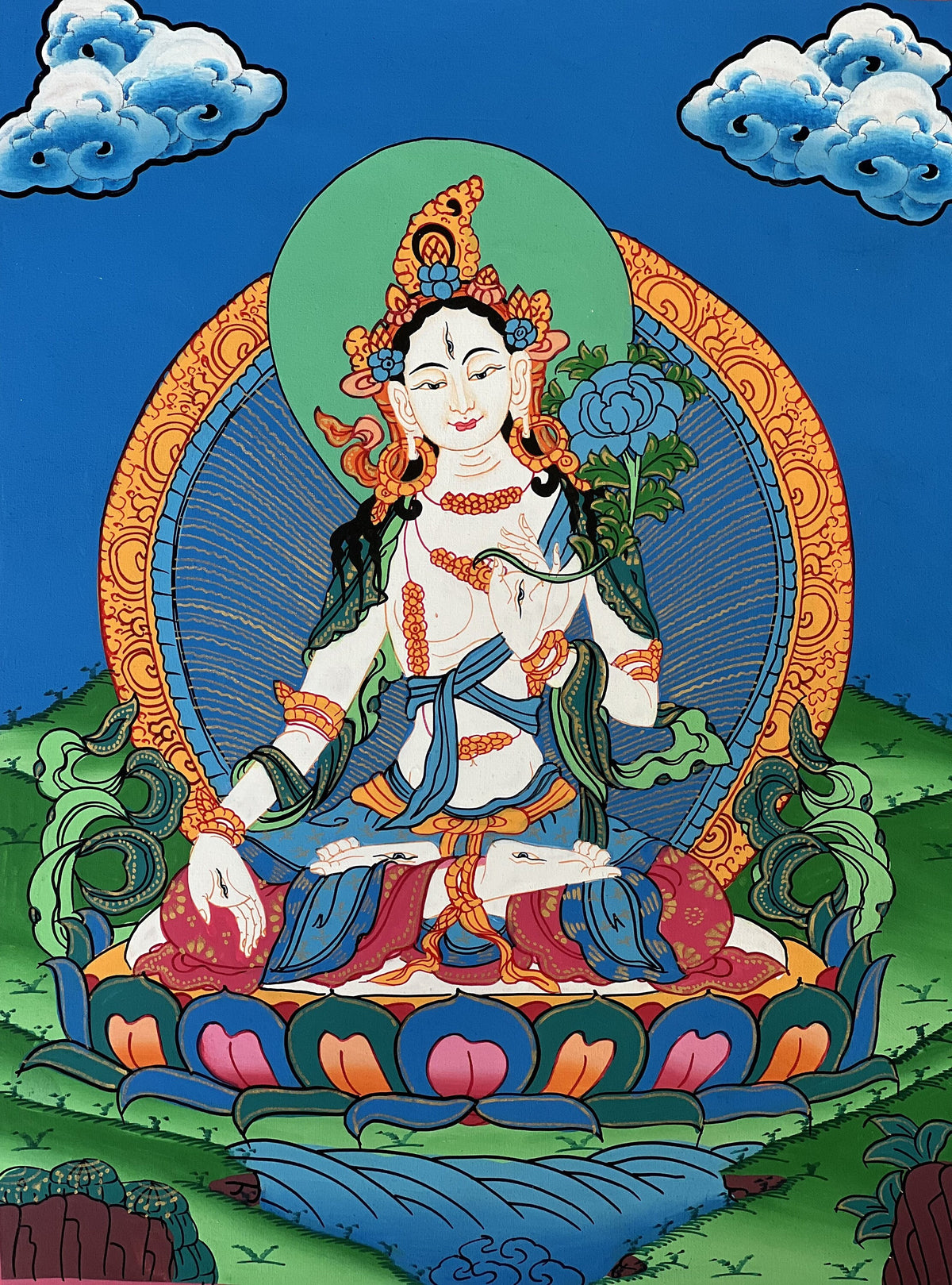 Hand Painted White Tara Thangka Painting with Silk Border