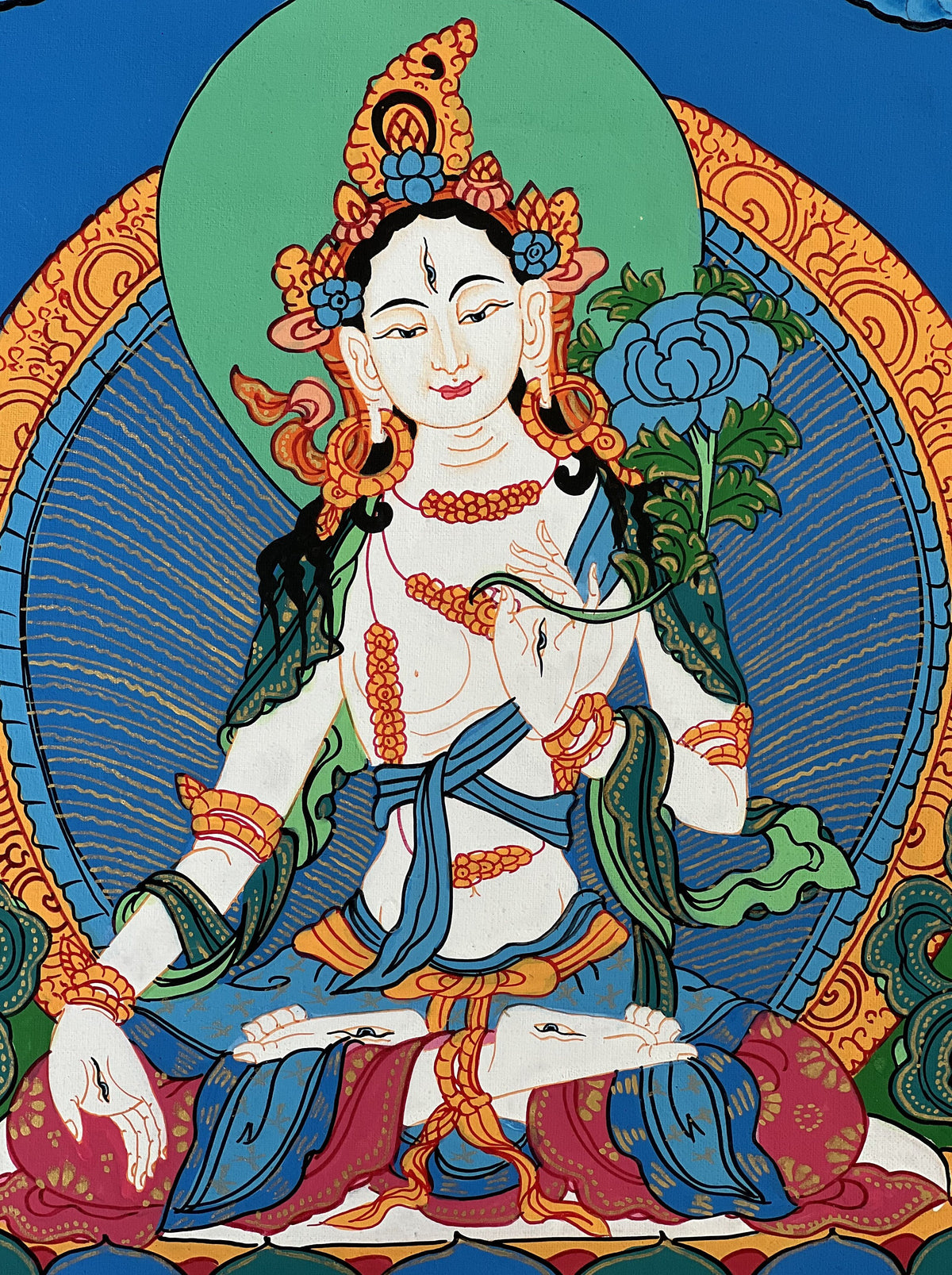 Hand Painted White Tara Thangka Painting with Silk Border