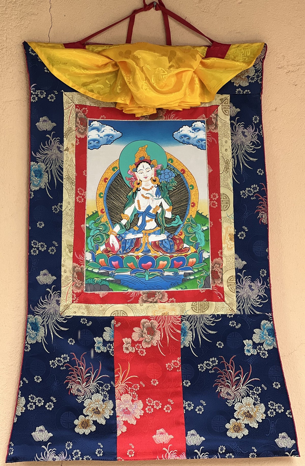 White Tara Thangka Painting, Buddhist Art with Silk Border