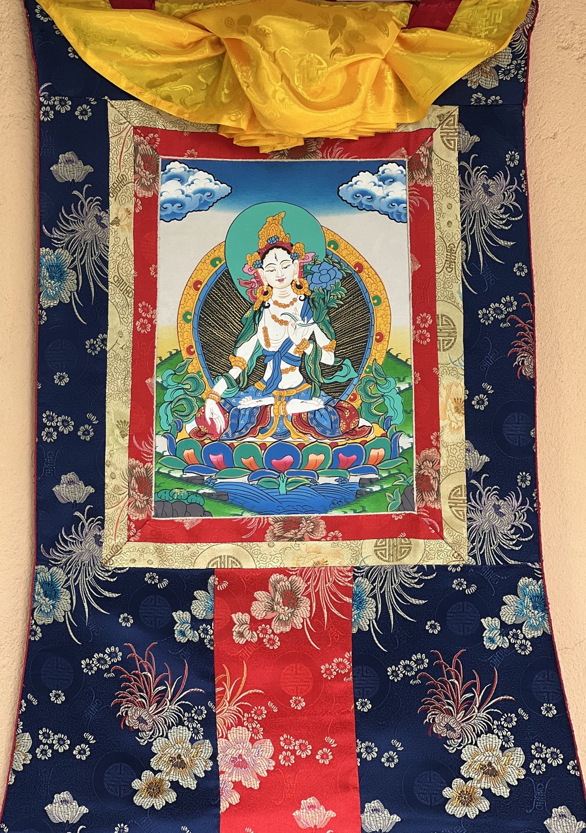 White Tara Thangka Painting, Buddhist Art with Silk Border