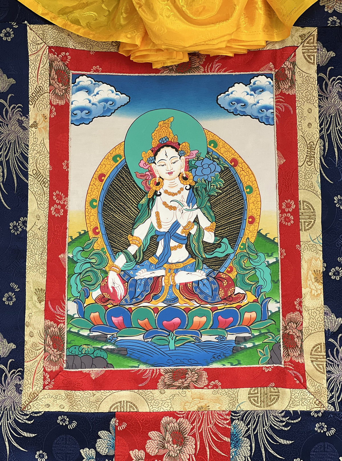 White Tara Thangka Painting, Buddhist Art with Silk Border
