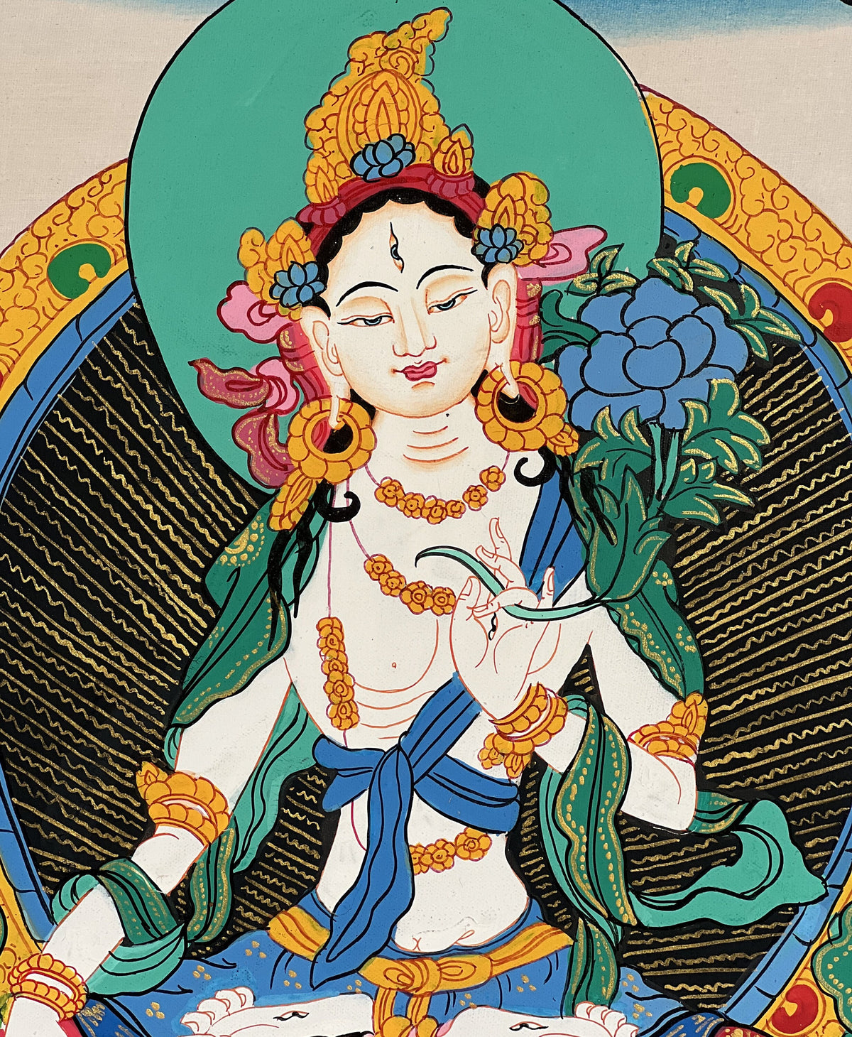 White Tara Thangka Painting, Buddhist Art with Silk Border