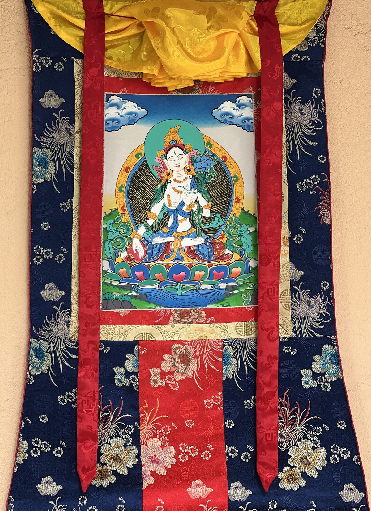 White Tara Thangka Painting, Buddhist Art with Silk Border