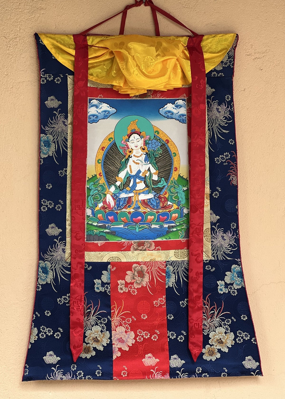 White Tara Thangka Painting, Buddhist Art with Silk Border