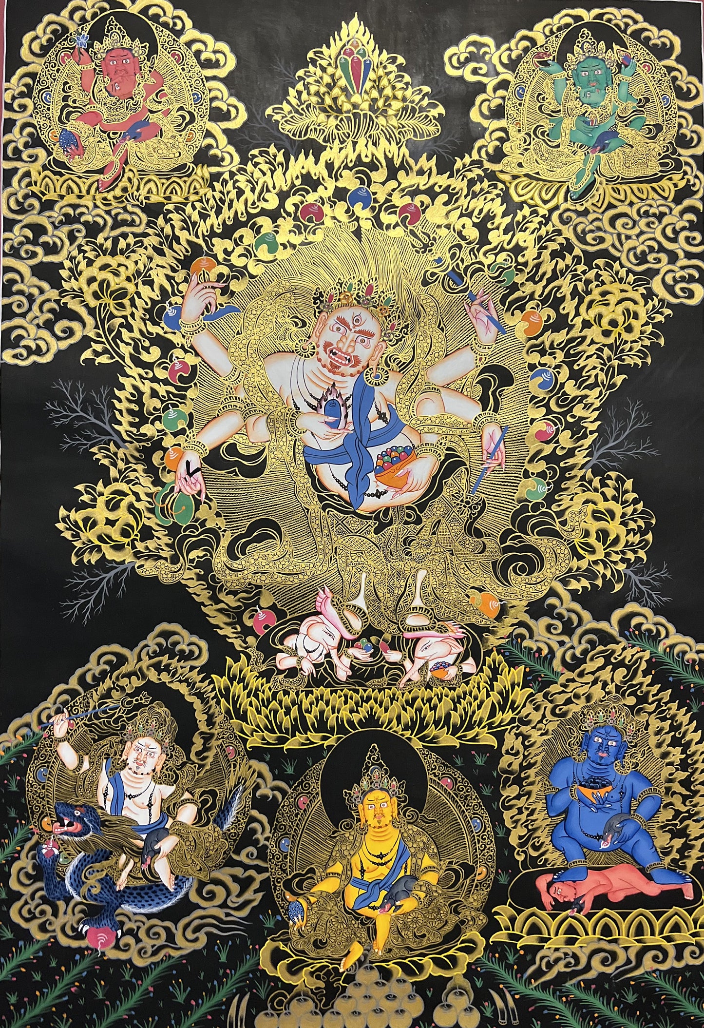 White Mahakala Thangka | Hand-Painted Six-Armed Wealth Protector Tibetan Art (Large Size)