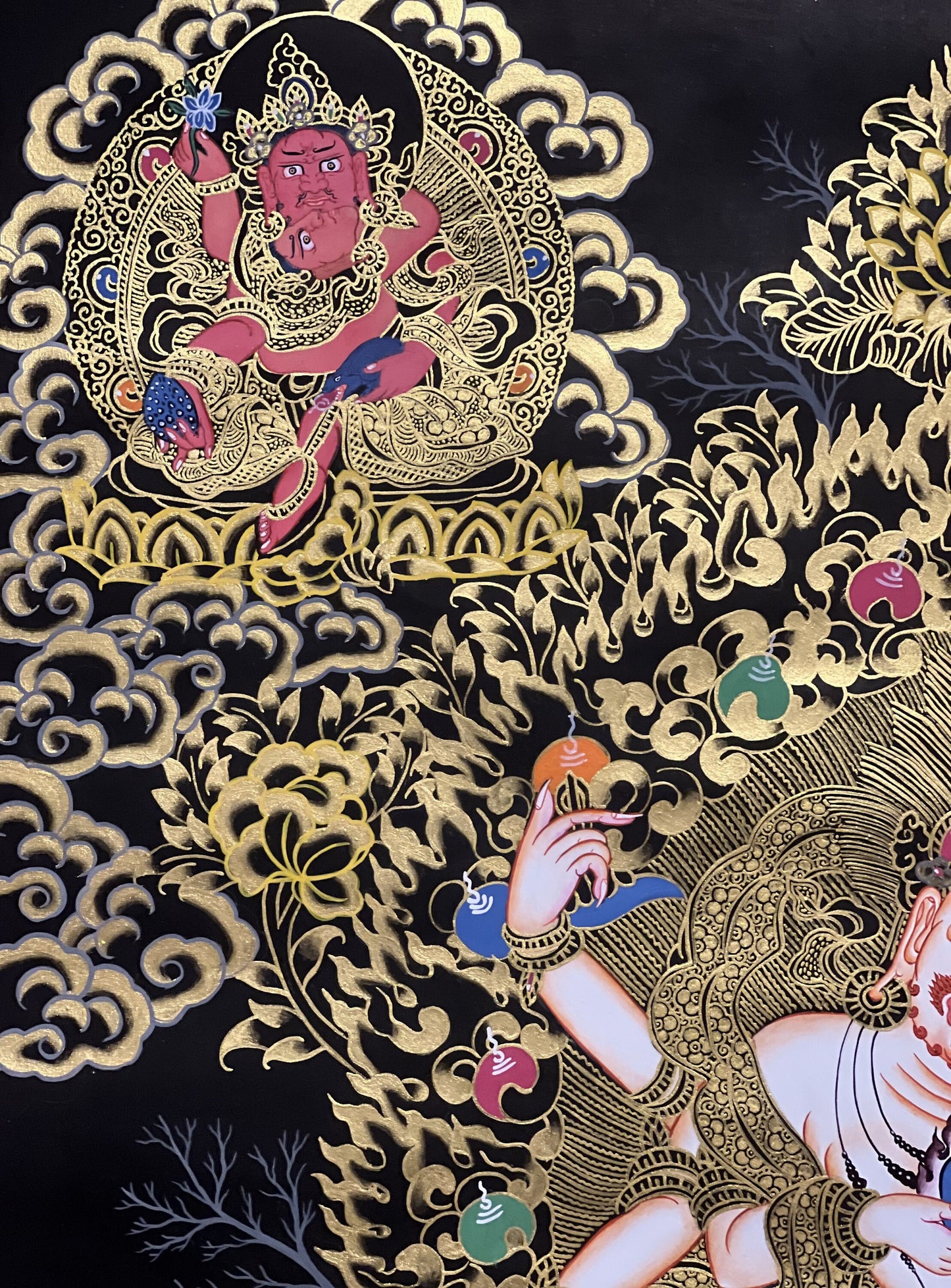 White Mahakala Thangka | Hand-Painted Six-Armed Wealth Protector Tibetan Art (Large Size)