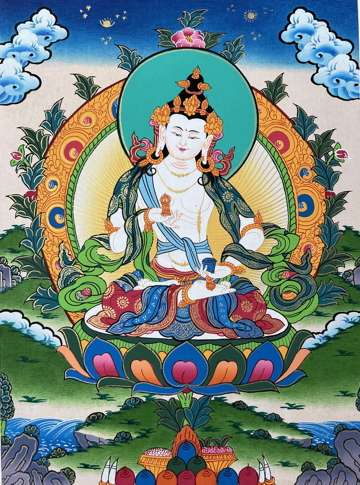 Vajrasattva Thangka Painting, Tibetan Buddhist Art, Gold Detail
