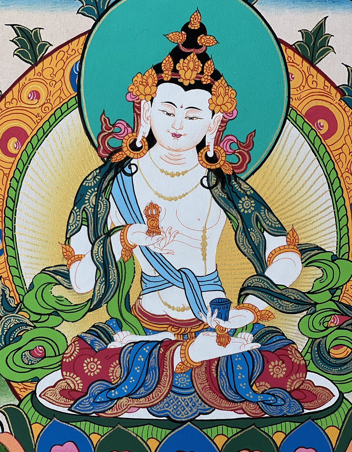 Vajrasattva Thangka Painting, Tibetan Buddhist Art, Gold Detail