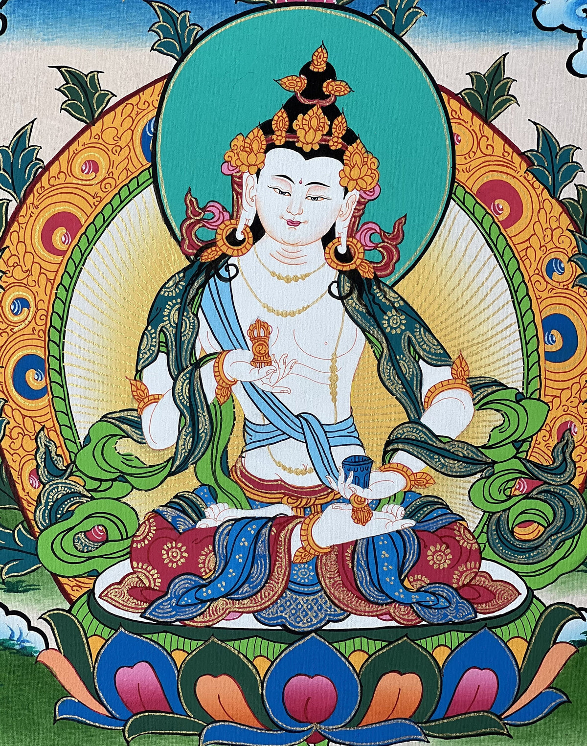 Vajrasattva Thangka Painting, Tibetan Buddhist Art, Gold Detail