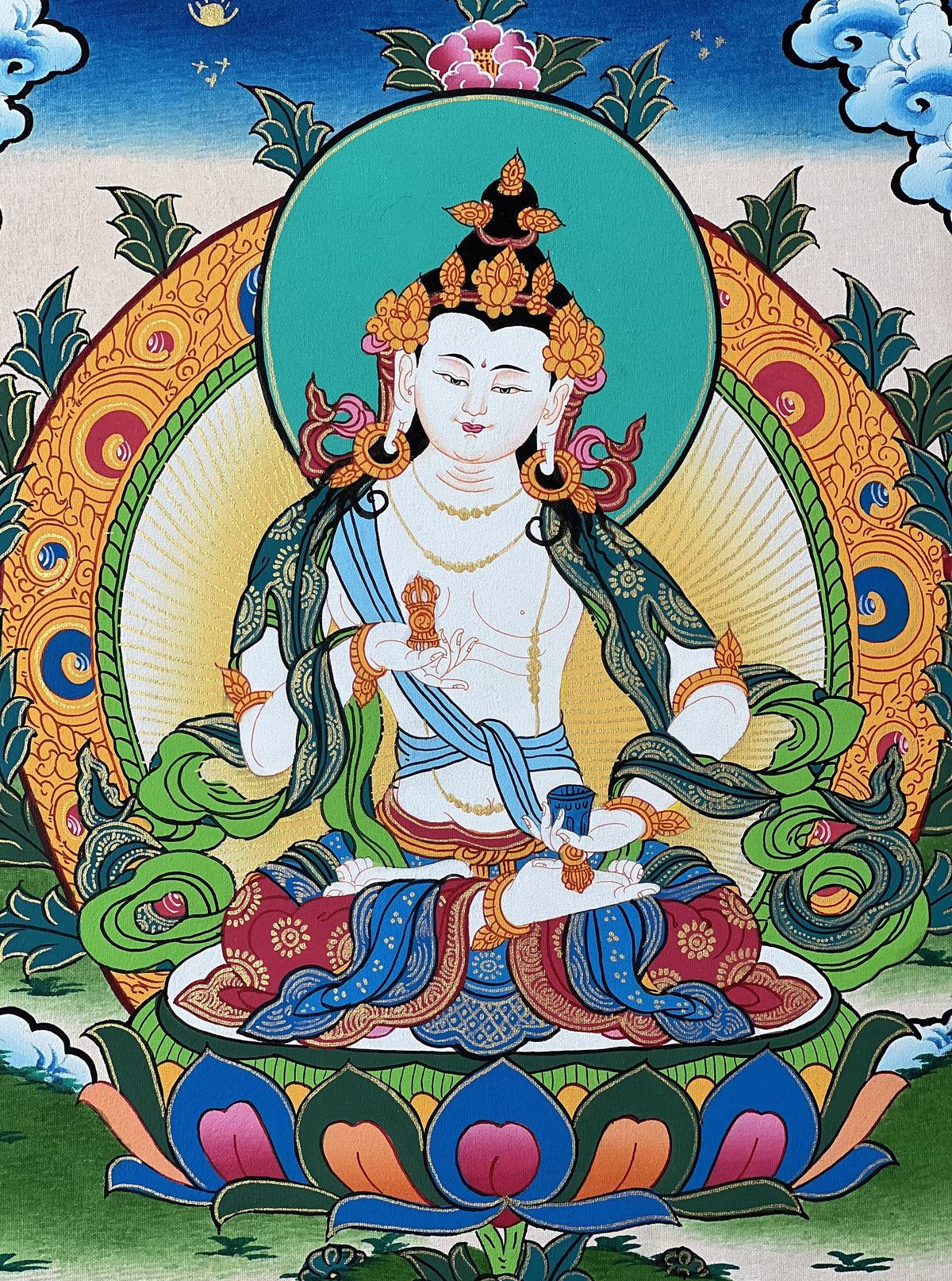 Vajrasattva Thangka Painting, Tibetan Buddhist Art, Gold Detail