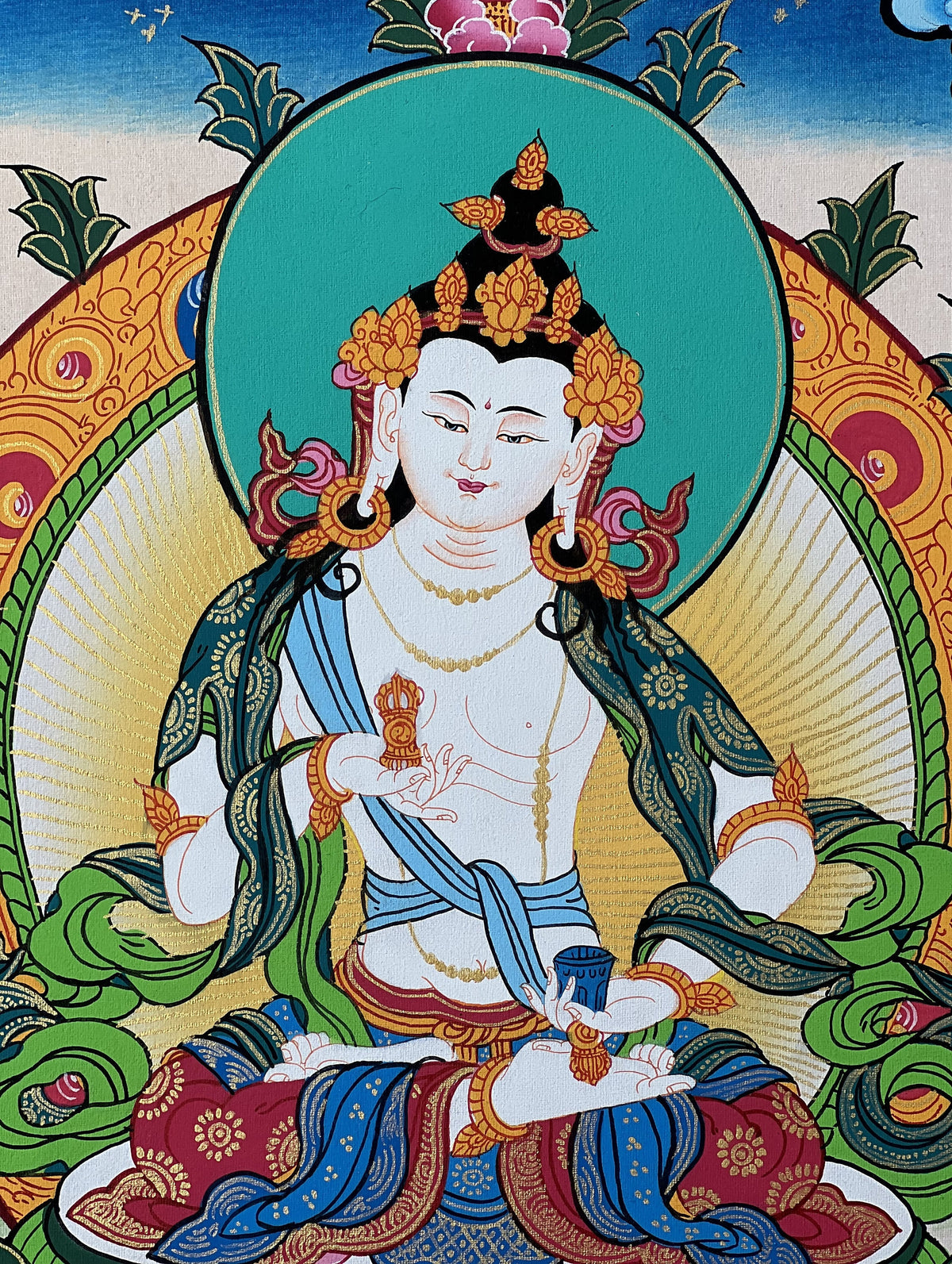 Vajrasattva Thangka Painting, Tibetan Buddhist Art, Gold Detail