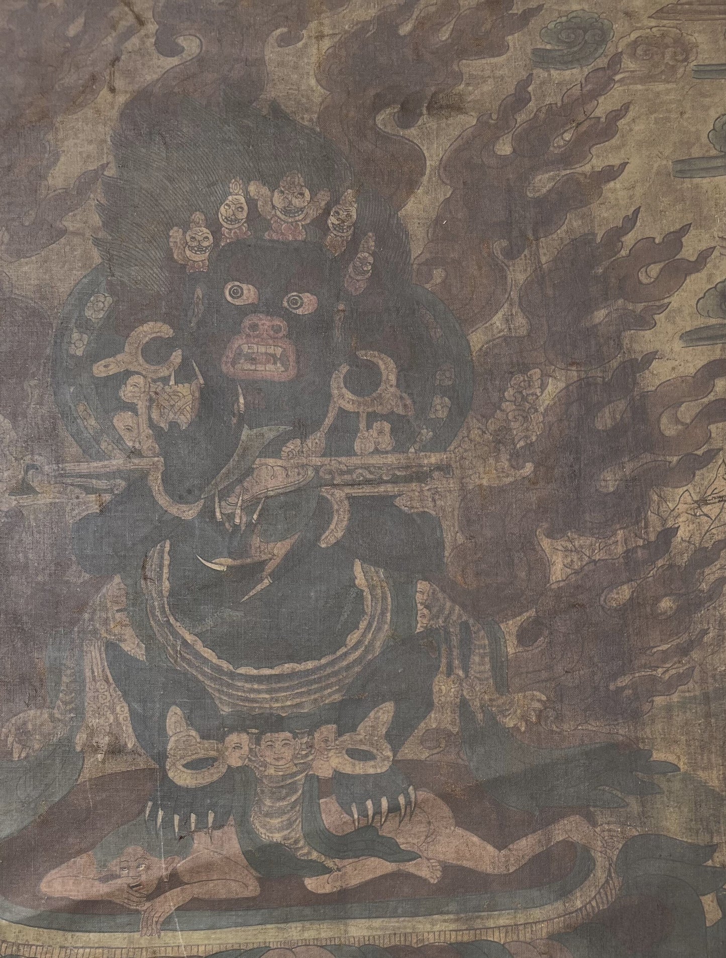 Black Mahakala/Mahankala/ Dharmapala Wrathful Diety Tibetan Thangka Painting- Vintage from 19th. Century