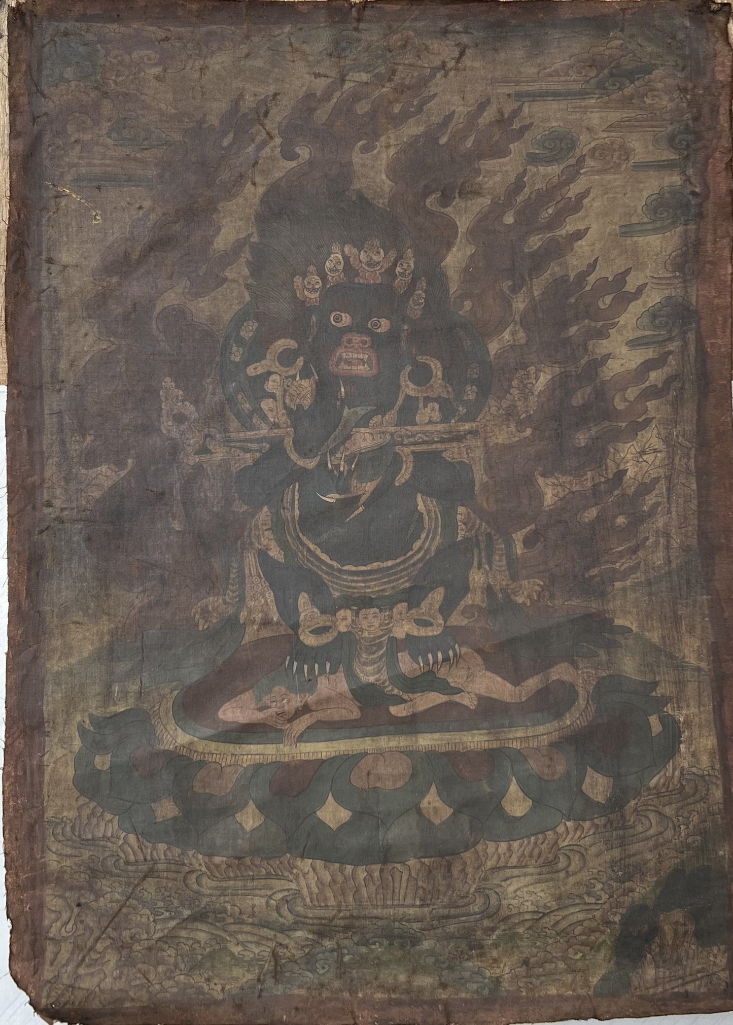 Black Mahakala/Mahankala/ Dharmapala Wrathful Diety Tibetan Thangka Painting- Vintage from 19th. Century