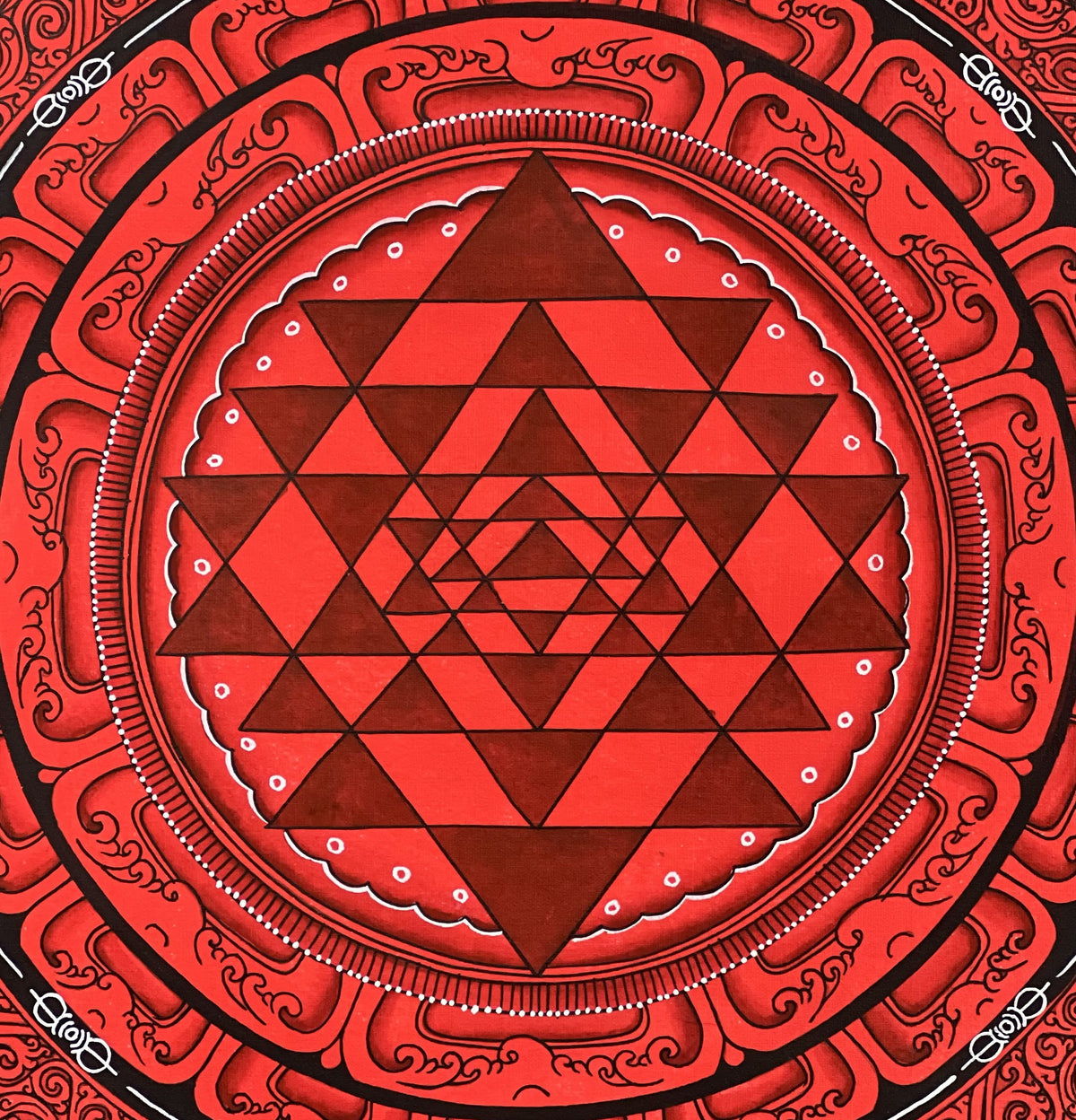 Hand-Painted Shri Yantra Mandala Thangka Painting, 12x12"