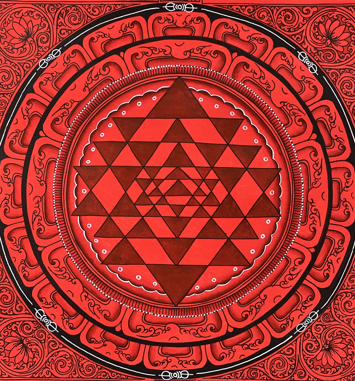 Hand-Painted Shri Yantra Mandala Thangka Painting, 12x12"