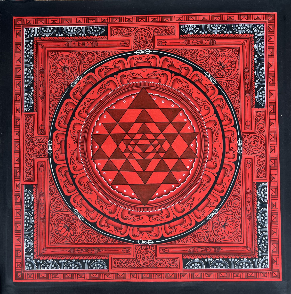 Hand-Painted Shri Yantra Mandala Thangka Painting, 12x12"