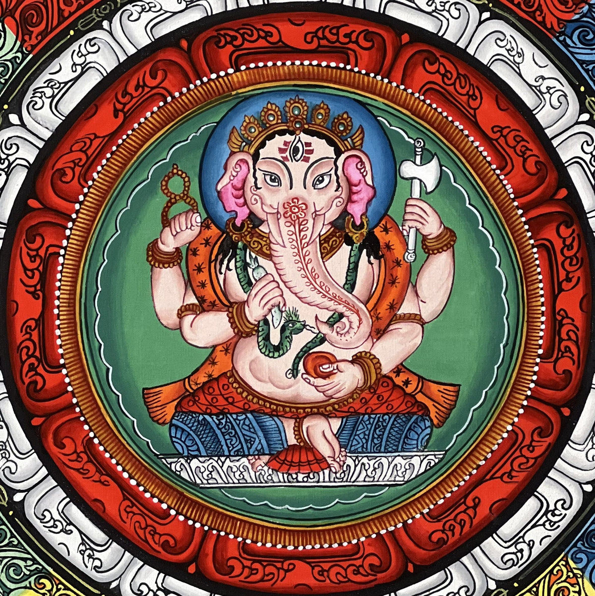 Hand-Painted Ganesha Thangka, ShriYantra Mandala Art