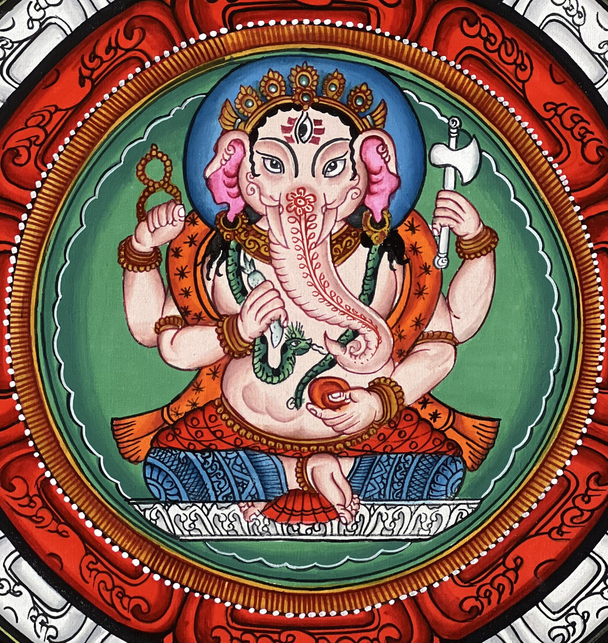 Hand-Painted Ganesha Thangka, ShriYantra Mandala Art