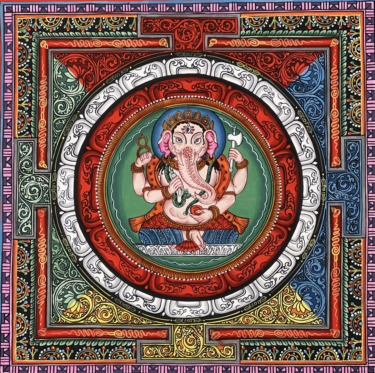 Hand-Painted Ganesha Thangka, ShriYantra Mandala Art